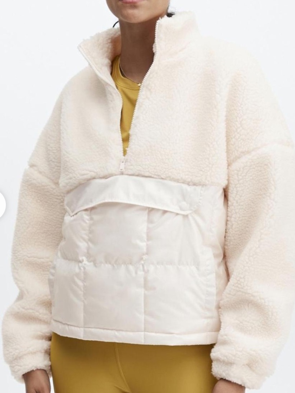 NWOT Fabletics Cream Sherpa Half-Zip Pullover with Quilted Panel